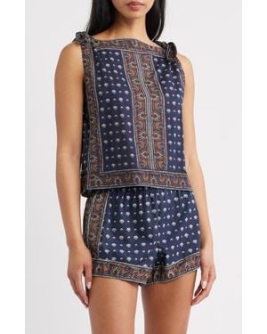 Doen Amalia Print Tie Shoulder Sleeveless Top - Blue