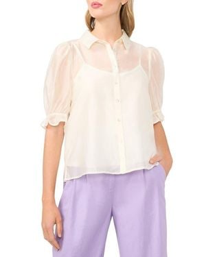 Halogen® Puff Sleeve Semi Sheer Button-Up Top - White