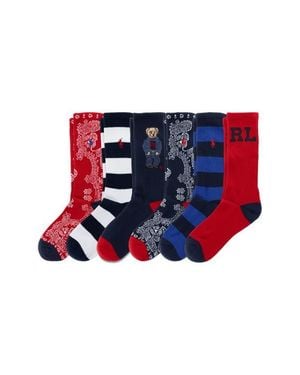 Polo Ralph Lauren Assorted 6-Pack Stripe, Bandana & Denim Bear Crew Socks - Red