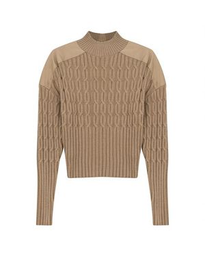 Versatile Dolman Cable Knit Leather Shoulder Sweater - Natural
