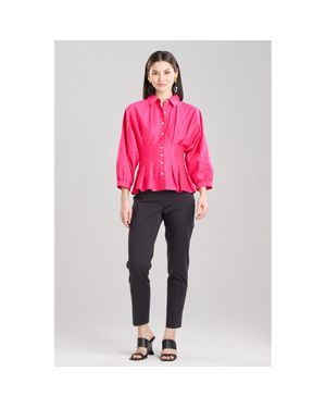 Natori Cotton Silk Slub Pleated Shirt - Pink