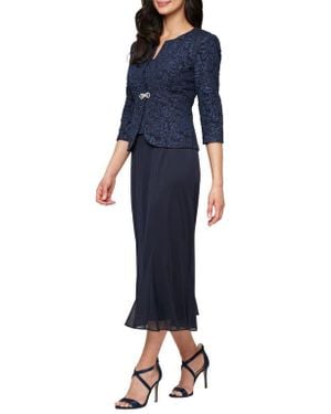 Alex Evenings Petite Square-neck Textured Midi Dress And Jacket Set - Blue