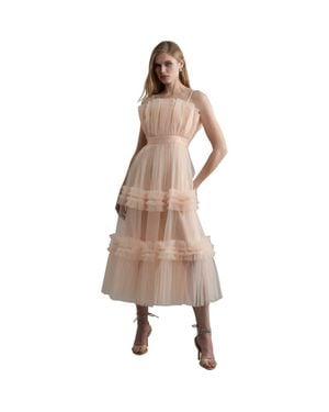Karen Millen Tulle Bandeau Tiered Midi Dress - Natural