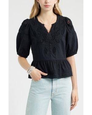 Treasure & Bond Cutwork Puff Sleeve Cotton Top - Black