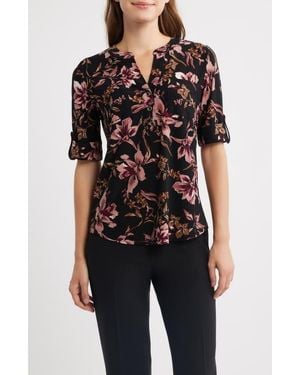 Anne Klein Print Roll Tab Shirt - Black