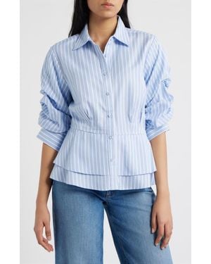 Wit & Wisdom Pinstripe Button-Up Tiered Peplum Shirt - Blue