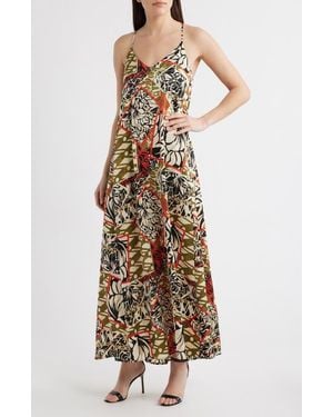 Tahari Mixed Print Satin Charmeuse Maxi Dress - Natural