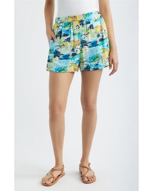City Blues Print Cotton Blend Pull-On Shorts - Blue
