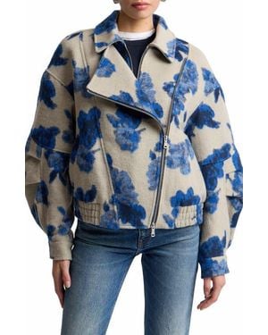 Avec Les Filles Floral Jacquard Layered Bomber Jacket - Blue