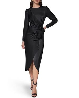 Donna Karan Long Sleeve Satin Faux Wrap Dress - Black