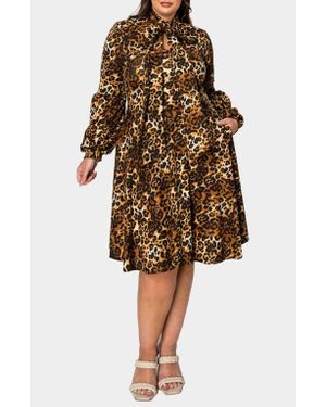 L I V D Zayleigh Leopard Print Tie Neck Long Sleeve Dress - Brown