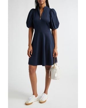 Eleventy Half Zip Puff Sleeve Ponte Knit Dress - Blue