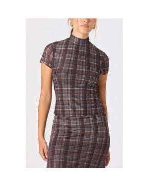 Astr Baila Plaid Mesh Mock Neck Top - Brown