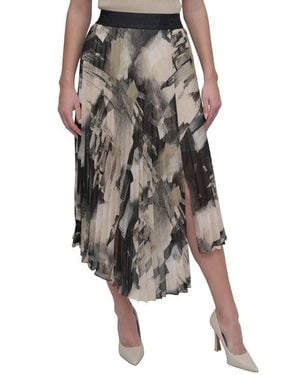 DKNY Print Pleated Asymmetric Midi Skirt - Gray