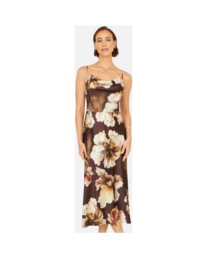 Yumi' Cowl Neck Satin Floral Dress - Metallic