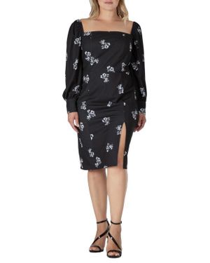 Standards & Practices Floral Ruched Long Sleeve Dress - Black