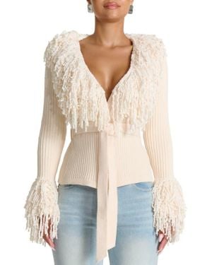 Naked Wardrobe Fringe Tie Waist Chenille Cardigan - Natural