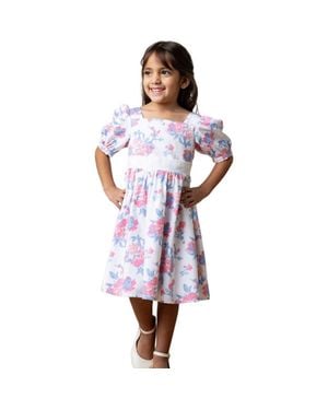 Hope & Henry Girls' Organic Puff Sleeve Party Dress, Kids - Blue