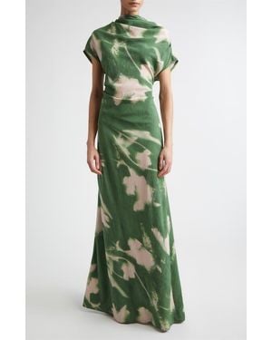 Lela Rose Abstract Floral Draped Asymmetric Crepe Gown - Green