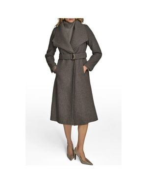 Donna Karan Rib Belted Wool Blend Wrap Coat With Bib - Gray