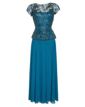 Pisarro Nights Beaded Mesh Mock Two-Piece Gown - Blue