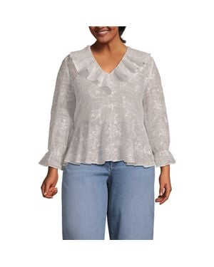 Lands' End Plus Size Feminine Ruffle Chiffon V Neck Blouse - Gray