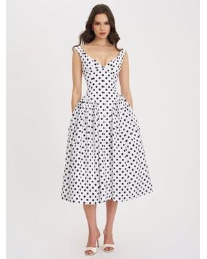 Miss Circle Rahma Polka Dot Drop Waist Midi Cotton Poplin Dress - White