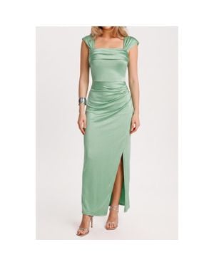 Popilush Liquid Metallic Fabric Off Shoulder Shine Ruched Sculpting Maxi Shapewear Dress - Green
