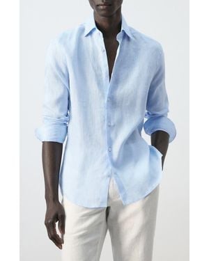 Mango Slim Fit Linen Button-Up Shirt - Blue