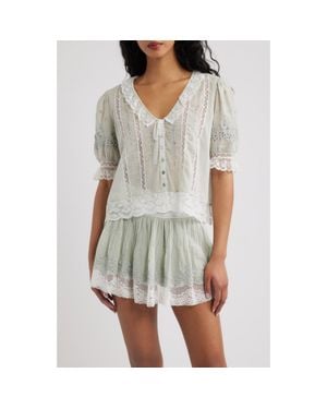 LoveShackFancy Maurelle Lace Trim Cotton Top - Gray
