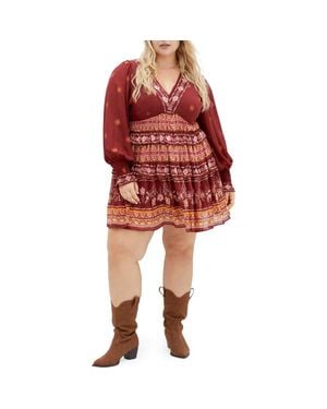 City Chic Ophelia Mixed Print Long Sleeve Tiered Minidress