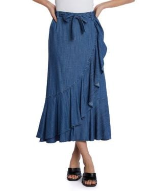 Wash Lab Denim Ruffle Faux Wrap Denim Midi Skirt - Blue
