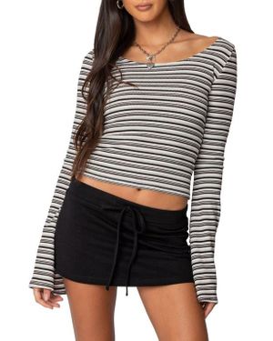 Edikted Lilia Stripe Flare Sleeve Top - Black