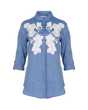 Anne Fontaine Shirt Citron Linen Shirt With Floral Applique - Blue