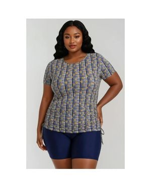 Calypsa Plus Size Short Sleeve Adele Swim Top And Mid-Thigh Swim Shorts Set - Gray