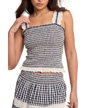 Nobody's Child Gingham Smocked Eyelet Lace Trim Top - Blue