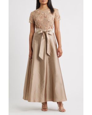 Pisarro Nights 3D Floral Bodice Beaded Gown - Natural