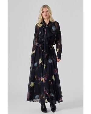 Le Fafo Silk Chiffon Neck-Tie Maxi Dress - Blue