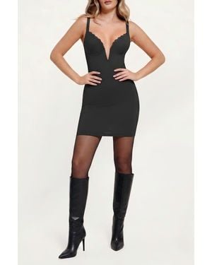 Popilush Shapewear Plunging V Lace Trim Bodycon Mini Dress - Black