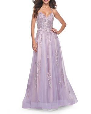 La Femme Two Tone Tulle A-Line Prom Dress With Floral Beaded Detail - Purple