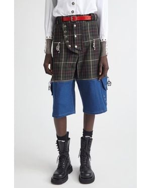 Chopova Lowena Tartan Extension Shorts With Detachable Denim Panels - Blue