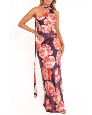 Petal & Pup Georgina Floral Satin One-Shoulder Top & Maxi Skirt Set - Red