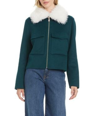 Kate Spade Wool Blend Jacket With Removable Faux Shearling Collar - Blue
