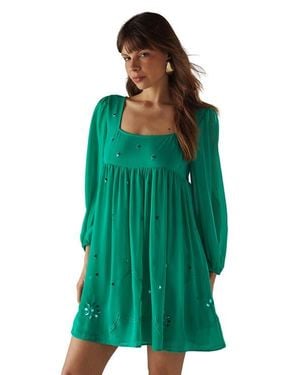 Warehouse Hand Embellished Square Neck Mini Dress - Green