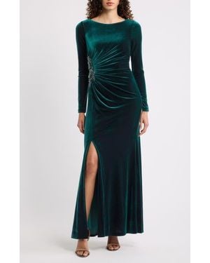 Eliza J Side Ruched Long Sleeve Velvet Gown - Green