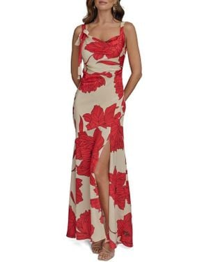 Donna Karan Floral Cowl Neck Satin Gown - Red