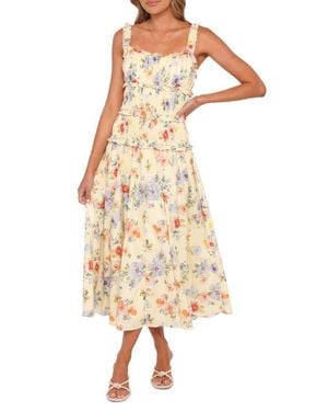 Petal & Pup Enola Shirred Ruffle Trim Midi Dress - Natural