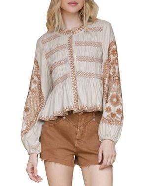 Avec Les Filles Embroidered Peplum Top - Brown