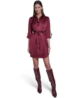 Halston 3/4 Sleeve Satin Shirt Dress - Red
