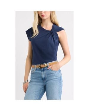 Treasure & Bond Twist Neck Asymmetric Sleeve Cotton Top - Blue